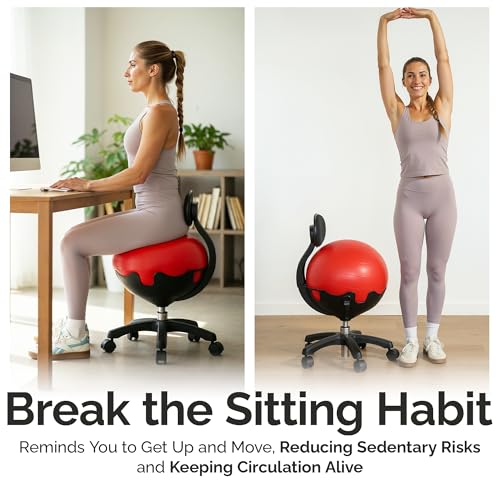 Image of Aeromat Elite Yoga Ball Chair Active Sitting & Adjustable Height 250lbs Cap | Lockable Wheels, Ergonomic Desk Chair, Anti-Burst Removable Ball. Posture Strengthening, & Core Relief, for Office & Home Use