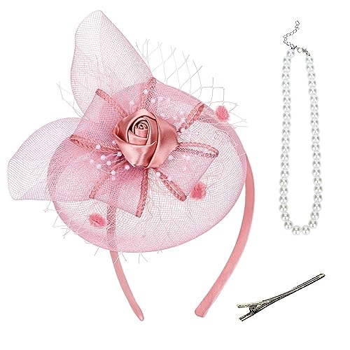 Cute Mini Fascinator Hats - Pink Mini Elegant Veil Mesh Hat with Pearl Necklace Set for Women Girls, Little High Tea Party Kentucky Fascinator with Clip for 1920s 50s Accessories4
