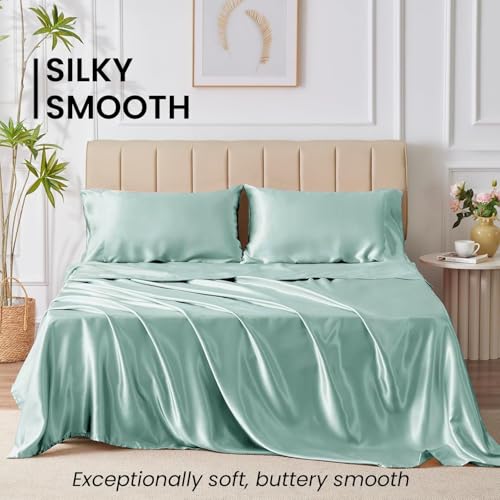 Image of Mush 400TC Luxurious Satin Silk King Size Bed Sheet with 2 Pillow Covers - Silky Soft, Skin-Friendly, Breathable, Durable Premium Printed Bedding | 108 X 108 Inches (Aqua Blue)