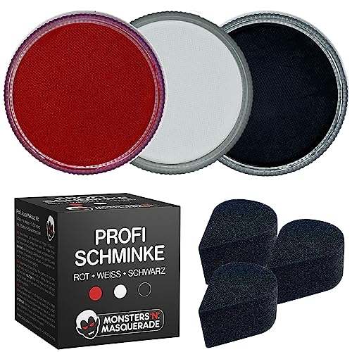 Monsters'n'Masquerade® – Profi Halloween Schminkset 3er-Set SCHWARZ + WEISS + ROT (90g) + Schwämmchen | Gesichts- & Körperschminke auf Wasserbasis | Aqua Make-Up Gesichtsfarbe Bodypaint Kinderschminke