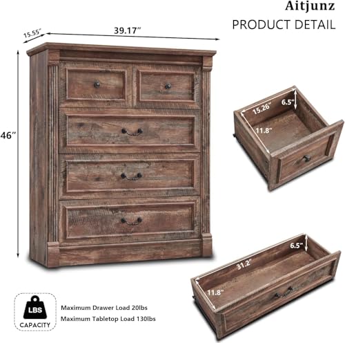 Image of Farmhouse 5 Drawers Dresser for Bedroom, 46 inch Tall Dressers & Chests of Drawers w /Roman Column, Large Storage Dressers Organizer for Bedroom, Hallway, Living Room, Light Brown