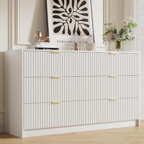 Image of Furniway White Dresser for Bedroom, Modern Dresser with 6 Drawers and Smooth Slides, Wide Chest of Drawers with Golden Handles for Bedroom, Living Room, Closet, 15.7 inch D x 55.1 inch W x 31.4 inch H