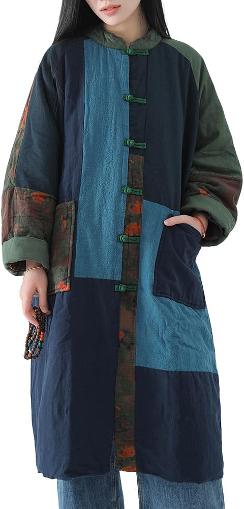 Women's Quilted Color Block Patchwork Coat Vintage Long Trench Coat with Frog Buttons Pockets Warm Winter Jacket