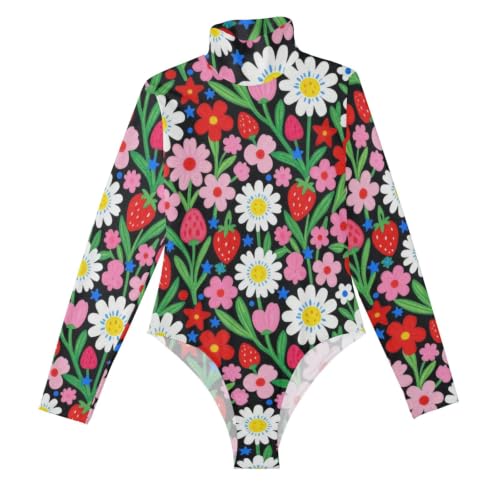 Body de manga larga suave mujer negro estampado floral fresa cómodo