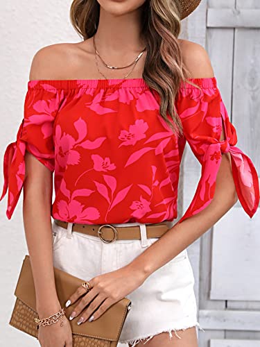 Soly Hux Women's Floral Print Off The Shoulder Short Sleeve Tie Knot Cuff Blouse Tops Red Floral L #TOP3