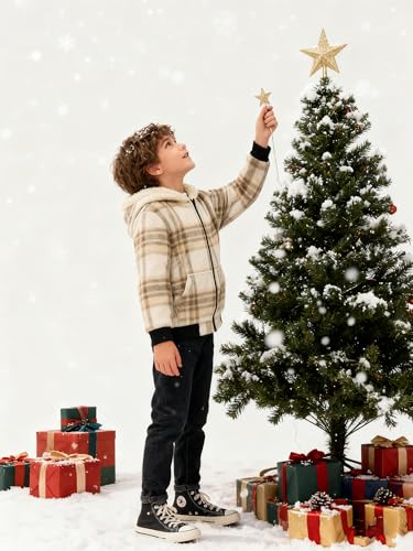 Image of Boys Zip Up Hoodies Fleece Plaid Jacket Kids Hooded Sweatshirts Sherpa Lined Coat