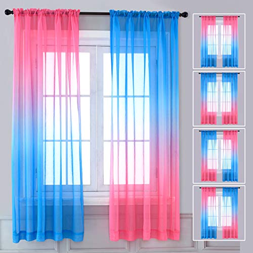 Blue and Pink Sheer Curtains, Ombre Curtain Panels with Rope Tiebacks Decor Semi Sheers Drapes for Kids Bedroom Party Wedding Backdrop 2 Panels Length 63 inch