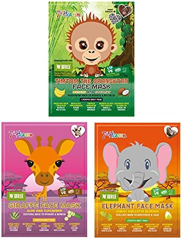 7th Heaven Pamper Animals Sheet Mask Beauty Skincare Bundle Orangutan, Giraffe and Elephant Born Free Sheet Face Masks to Hydrate, Nourish and Refresh Young Skin (Ages 8+)