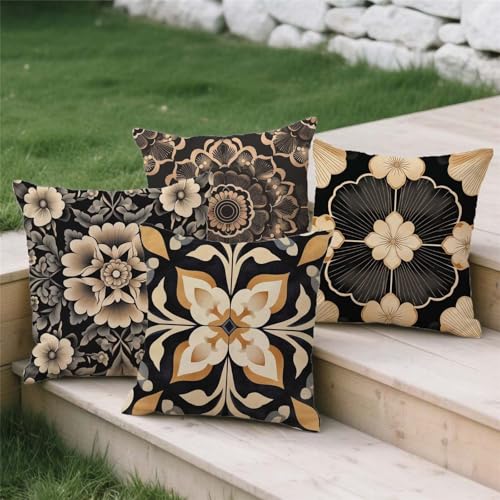 Housse coussin extérieur bohème aspect lin marron double face premium