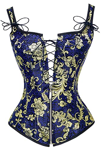 Charmian Women's Renaissance Lace Up Jacquard Floral Printed Vintage Boned Bustier Corset With Garters Blue Xx-Large #TOP7