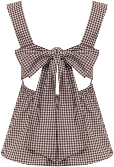 Women Y2k Going Out Tank Tops Gingham Square Neck Peplum Cami Tank Sleeveless Backless Shirt Bowtie Blouse Summer - Image 5