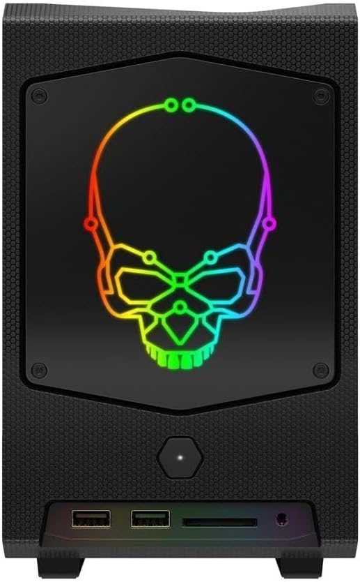 Intel NUC 11 Extreme Kit front view with illuminated skull logo and power button