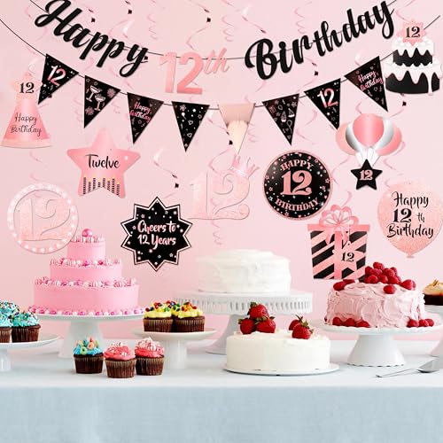 Image of 12th Birthday Decorations for Girls Rose Gold Pink Pre Strung Happy 12th Birthday Banner and Hanging Swirls 12 Year Old Party Decorations Supplies