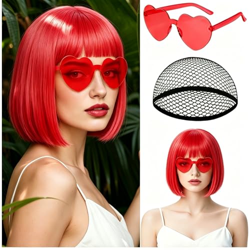 Image of MEEZY Red Short Bob Wigs Straight Hair with Flat Bangs Heart Sunglasses for Women, Colorful Funny Cosplay Party Neon Wig Synthetic Natural As Real Carnival Halloween Costume Party Favors