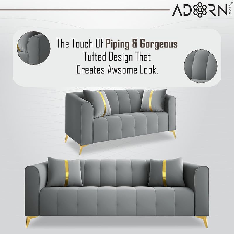 Image of Adorn India Premium Mystic - 3 Years Warranty - 3+2+1 Sofa Set Velvet Suede Fabric - Grey