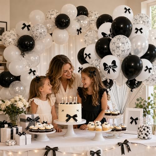 Image of Bow Balloons, 60Pcs Black Bows Balloon, 12 Inch Latex Black and White Bow Printed Balloons with Cute Bows Ribbons for Women Girls Birthday Party Baby Shower Bridal Shower Bow Theme Party Decorations