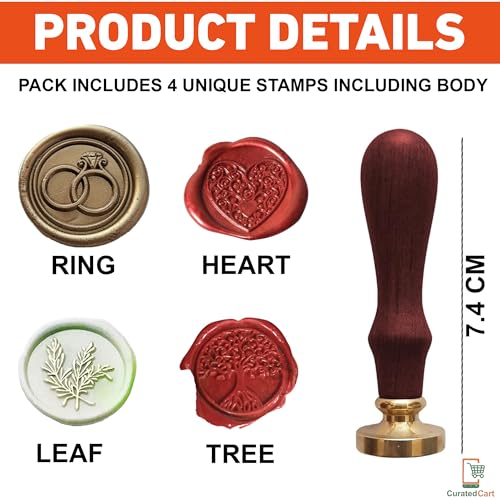 Image of Curated Cart Wax Seal Stamp Set - 4 Unique Wooden Monogram Sealing Stamps | Heart, Ring, Tree, and Leaf Designs in Gift Box | Perfect for Cards, Letters, Envelopes, Wedding Invitations