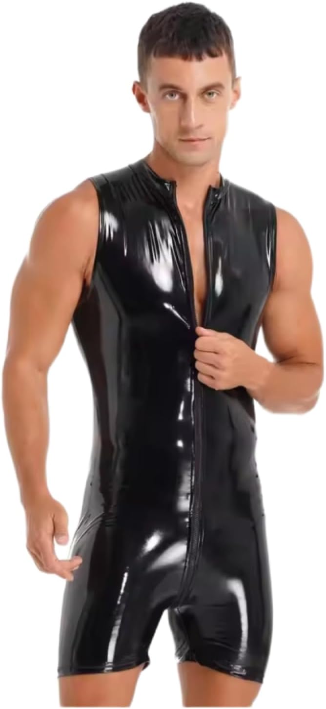 Mens Latex Jumpsuits Sleeveless Wet Look Zipper Bodysuit Lingeire Unitard for Club Pole Dancing
