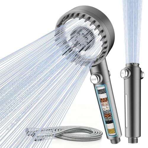 FEELSO Filter Shower Head with 1.5m Hose and 4 Spray Modes, 5 inch Panel | High Pressure Showerhead with ON/OFF Switch and Water Softener Filter for Pets Shower Remove Chlorine,Moisturize Your Skin