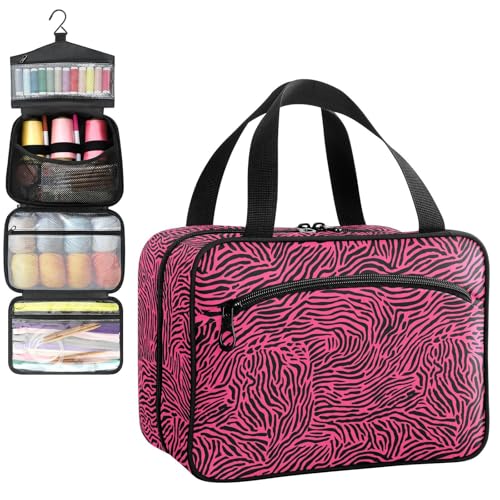 YNNALE Sewing Supply Organizer Bag, Pink and Black Zebra Skin Animal Portable Sewing Bags with Pockets&Hanger, Sewing Storage Box Case for Sew Supplies/Kit/Tools/Accessories (BAG ONLY)