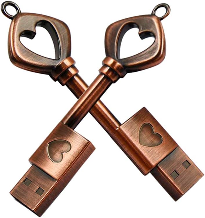 16GB USB 2.0 Flash Drive Vintage Metal Heart Key Ring Shape Pen Drive Waterproof Key Chain Memory Stick Thumb Drive Gift