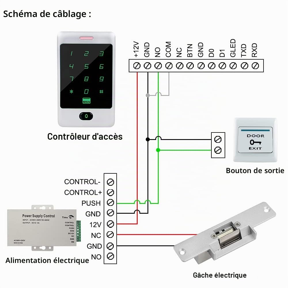 FST Kit Système de Contrôle d'accès de Porte RFID Clavier RFID Tactile en Métal + Serrure de gâche électrique NC + Alimentation de Contrôle d'accès + 15pcs Cartes pour la Maison