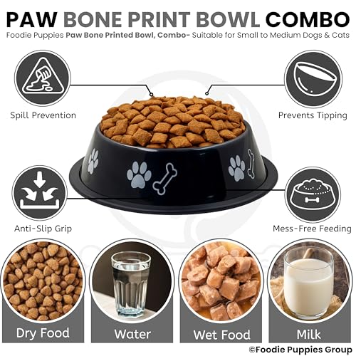 Image of Foodie Puppies Stainless Steel Dog Bowl Combo - (Medium, 700ml) Food and Water Feeding Gift Bowl | Suitable for Dogs, Cats and Other Pets I Paw Bone Print, Anti-Skid Rubber Base (Black + Orange)