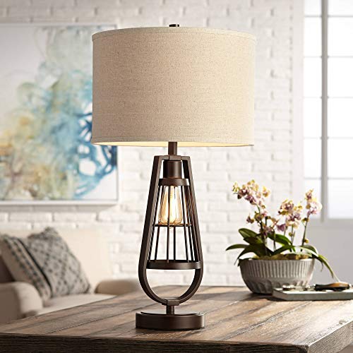 Topher Rustic Industrial Table Lamp with Nightlight LED Edison Brown Metal Burlap Drum