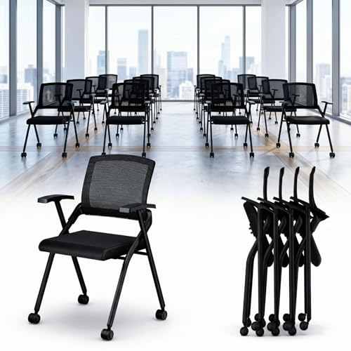 Image of [4 Pack] Folding Office Chair on Wheels, Heavy Duty Conference Chair | Nesting Training Chairs, Breathable Mesh Back, Lumbar Support, Padded Seat, Classroom, Guest Reception, WFH, Meeting Seating