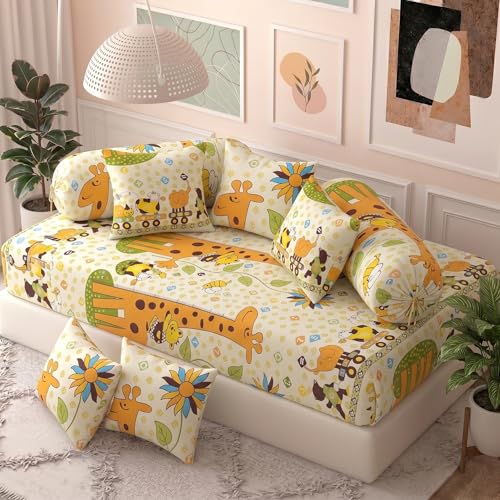 Image of Filymore Yellow Giraffe Kids Fitted Diwan Set 8 Pieces - Microfiber Diwan Bedsheet Set with 5 Cushion Covers & 2 Bolster Covers | Soft Cartoon Giraffe Print Diwan Cover Set for Kids Room