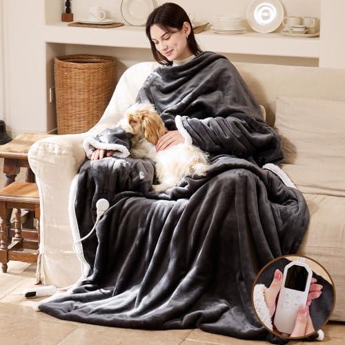 Wearable Heated Blanket with Foot Pocket - Electric Blanket with Sleeves, Portable Heated Throw Blanket for Women Men, Heated Snuggie with 8 Heating Levels, 1 to 12 Hours Time Settings, 70