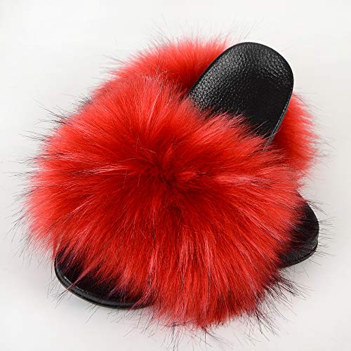 Women Faux Fur Slides Sandals Furry Fur Slippers Flip Flops Flat Sole Shoes4