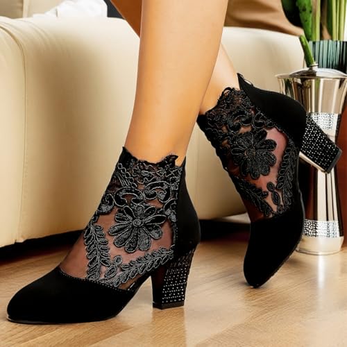 Elegant and breathable women's black lace short boots, large size thick heel formal women's shoes3