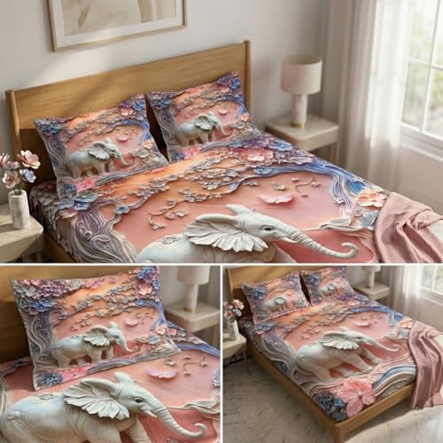 Image of Elephant 7D Printed Bedsheet for Double Bed | Glace Cotton 7D Digital Print | 90x100 Inch (228x254 cm) | 1 Bedsheet + 2 Pillow Covers | Soft, Breathable & Vibrant Colour Bedding Set