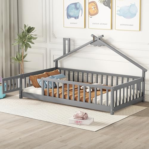 Twin-House-Shaped-Bedside-Floor-Bed-with-Guardrails-Slats-with-DoorGrey Twin House Shaped Bedside Floor Bed with Guardrails Slats with DoorGrey