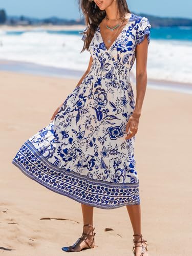 CUPSHE Women's Summer Dress Casual V Neck Floral Smocked Cap Sleeve Ruffled Vacation Midi Dress2
