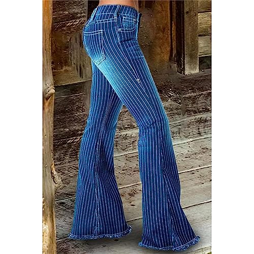 Andongnywell Women's Striped Bell Bottom Jeans Boho Comfy Stretchy Flare Pants Classic High Waist Flared Denim Jean4