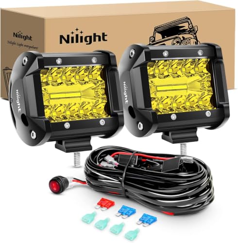 Image of Nilight 2PC 4Inch Yellow Led Pods Triple Row 60W Flood Spot Combo DrivingFog Lights with 16AWG SwitchWiring Harness Kit-2 Leads forOffroad Pickup Trucks ATV UTV SUV, 2 Years Warranty (Pack of 10)