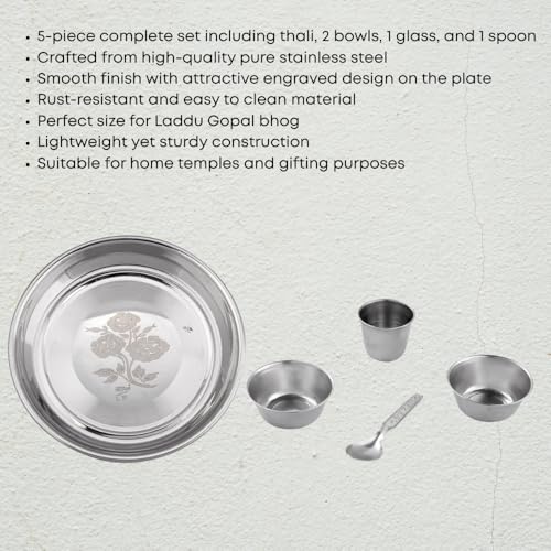 Image of Pure Stainless Steel Laddu Gopal Bhog Thali Set | 5-Piece Traditional Pooja Bhog Plate with Bowl, Glass & Spoon | Ideal for Daily Rituals, Janmashtami & Festive