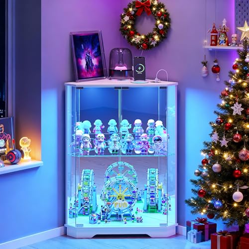 Dystler Corner Display Cabinet with Glass Doors, Small Display Case with 3-Color LED Lights and Charging Station, 2-Tier Curio Cabinet with Storage and Shelf, White
