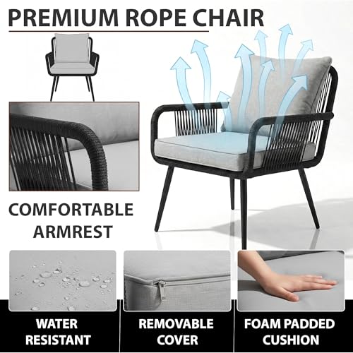 Image of BRISHI Garden Patio Seating Chair and Table Set Outdoor Balcony Garden Coffee Table Set Furniture with 1 Table and 2 Chairs Set with Cushion Braid & Rope (Black)