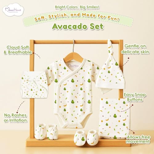 Image of MOM'S HOME Organic Cotton Baby Clothing Set | Baby Essential Clothes For Newborn | Baby Shower Gift Hamper | 0-6 Months | Avocado | Pack of 6