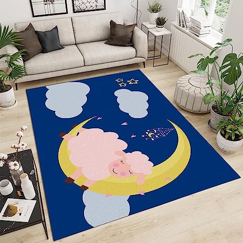 Kinderteppich Blauer Mond, Weiße Wolke, Schaf - Kurzflor Teppich Kinderzimmer Spielteppich...