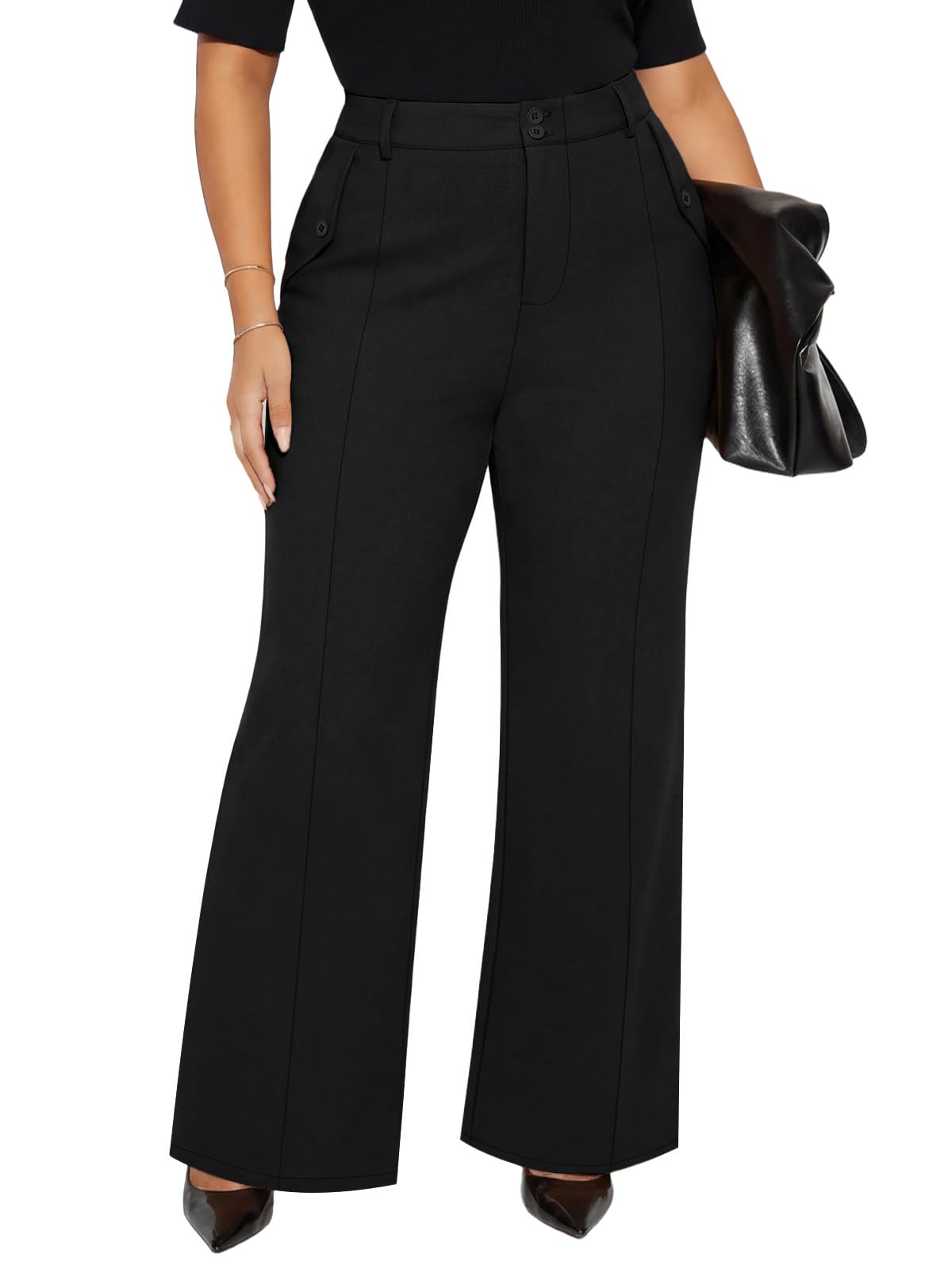 Photo 1 of Charming Ashley Plus Size Women's Wide Leg Dress Pants - Slacks for Business Casual, Work Clothes for Office Black
