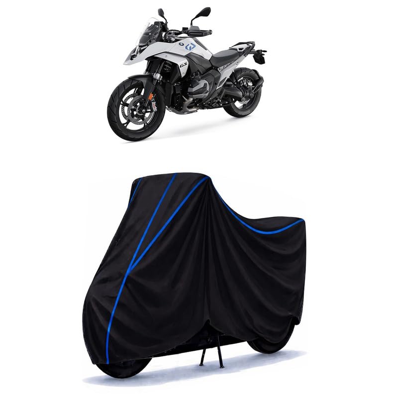 Image of R 1300 GS Bike Cover Water Resistant Universal Motorcycle Rain | Heavy Duty UV Protection, Dust, Scratch Indoor Outdoor All Weather with Black Blue Piping Elastic