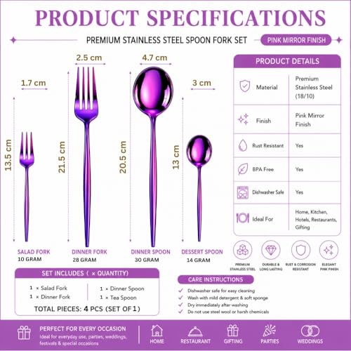 Image of Classic Pink 4 Pcs Stainless Steel Cutlery Set for Dining Table, Dishwasher Safe Glossy Flatware (Perfect Spoon Fork Set)
