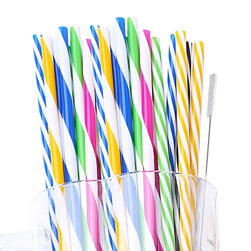 Lot de 24 pailles multicolores en plastique rigide Réutilisables Avec brosses de nettoyage Bandes de paille multicolores Lavable 20 cm Pour les fêtes les enfants le lait le jus le cocktail