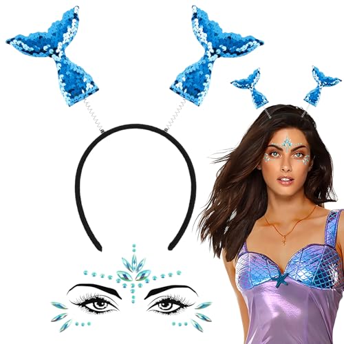 BOOMTOP Disfraz Sirena Fiesta Carnaval, Diadema Sirena Kit Pegatina Diamante Cara de Sirena, Disfraz Mujer Niñas de Carnaval Cosplay Cumpleaños Fiesta, Adorno Sirena Mujer Niñas, 2 Kit