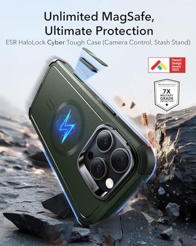 Image of ESR for iPhone 16 Pro Phone Case with Stand, 23ft Military-Grade Drop Protection with Camera Control, Shock-Absorbing Rugged Cover, Compatible with MagSafe Accessories, Cyber Series, Green