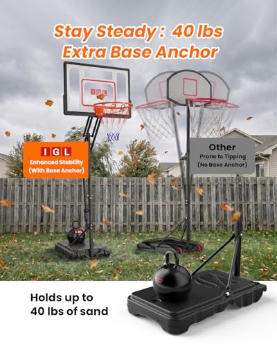 Image of IGL Kids Basketball Hoop Outdoor | 4-8.5ft Adjustable Height | 33 inch Shatterproof Backboard | Fillable Base & Extra Anchor | Portable Goal w /Wheels for Backyard Driveway